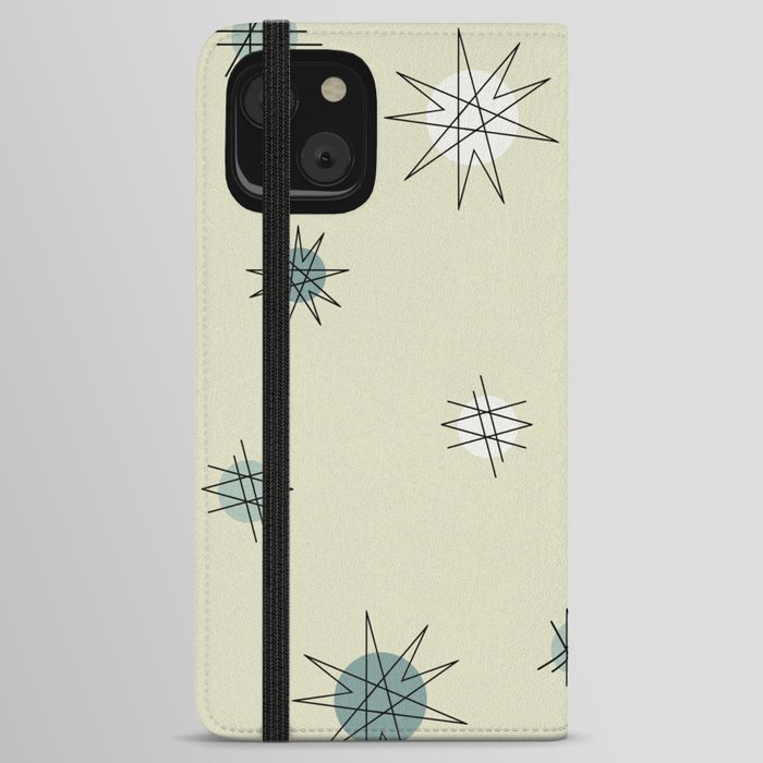 Atomic Age Starburst Planets Ivory Cream Green iPhone Wallet Case