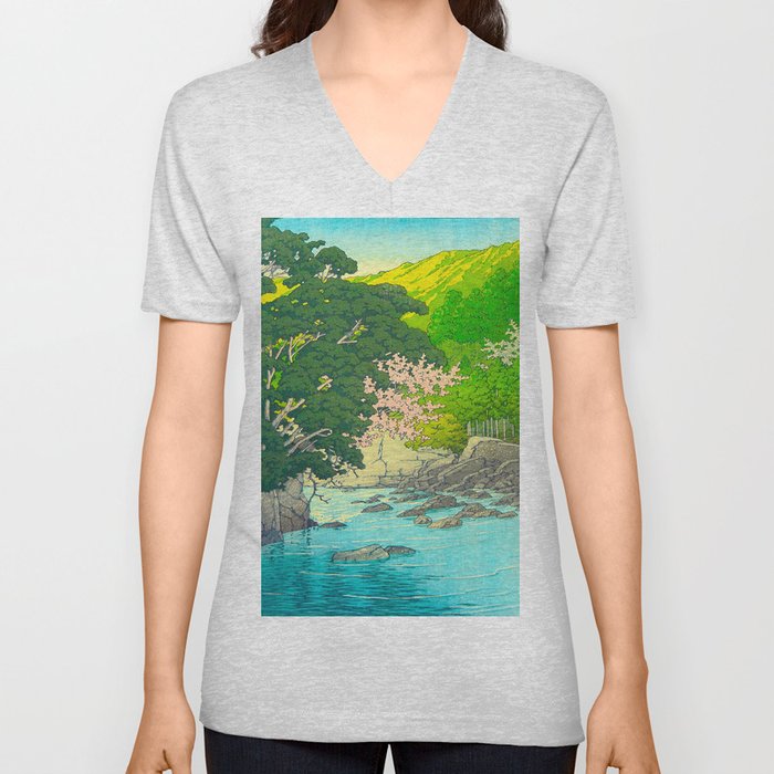 Vintage Japanese Woodblock Print Beautiful Water Creek Grey Rocks Green Trees V Neck T Shirt