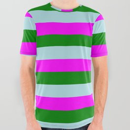 [ Thumbnail: Fuchsia, Green, and Powder Blue Colored Lines/Stripes Pattern All Over Graphic Tee ]
