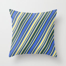 [ Thumbnail: Dark Slate Gray, Royal Blue, and Tan Colored Lined/Striped Pattern Throw Pillow ]
