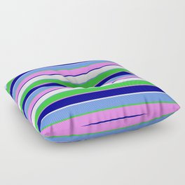 [ Thumbnail: Cornflower Blue, Lime Green, Violet, Dark Blue & White Colored Stripes/Lines Pattern Floor Pillow ]
