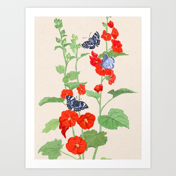 Hollyhock and Butterflies Art Print