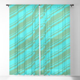 [ Thumbnail: Sea Green and Aqua Colored Lined Pattern Sheer Curtain ]
