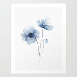 Blue Watercolor Poppies Art Print