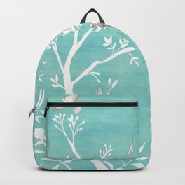 Chinoiserie Panels 1-2 White Scene on Teal Raw Silk - Casart Scenoiserie Collection Backpack | Desaturateddesign, Garden, Asianstyle, Trees, Bamboo, Graphicdesign, Green, Landscapescene, Dogwood, Peonies 