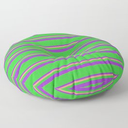 [ Thumbnail: Lime Green, Dark Orchid, and Dark Salmon Colored Lines/Stripes Pattern Floor Pillow ]