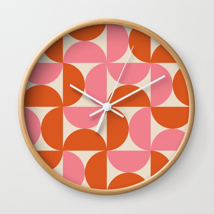 Minimalist Geometric Mid century modern abstract half circles pattern in pink and orange Wall Clock