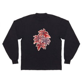 Retro vacation mode // rose background neon red orange shade coral and dry rose palm trees oxford navy blue lines coral flamingos Long Sleeve T-shirt