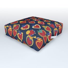 Mexican Sacred Hearts Pattern / Blue Background by Akbaly Outdoor Floor Cushion