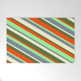 [ Thumbnail: Eyecatching Green, Light Slate Gray, Light Yellow, Dark Olive Green, and Red Colored Lined Pattern Welcome Mat ]
