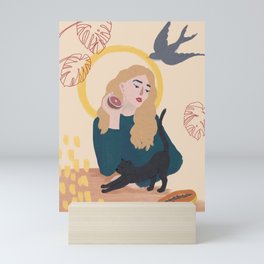 Girl and cat illustration Mini Art Print