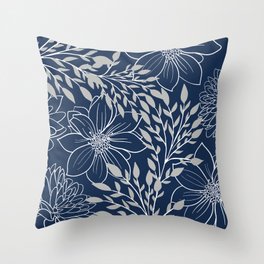 Festive, Floral Prints and Leaves, Line Art, Navy Blue and Gray Throw Pillow