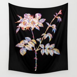 Floral White Rose Mosaic on Black Wall Tapestry