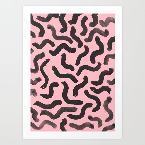 Paint Strokes - Black On Pink Art Print