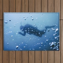 Scuba Diver Swimming on a Blue Water Air Bubbles Outdoor Rug