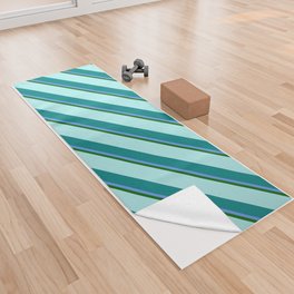 [ Thumbnail: Turquoise, Teal, Cornflower Blue & Dark Green Colored Lined Pattern Yoga Towel ]