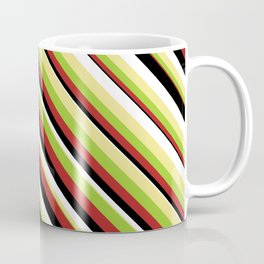 [ Thumbnail: Eye-catching Tan, Green, Red, Black & White Colored Striped/Lined Pattern Coffee Mug ]