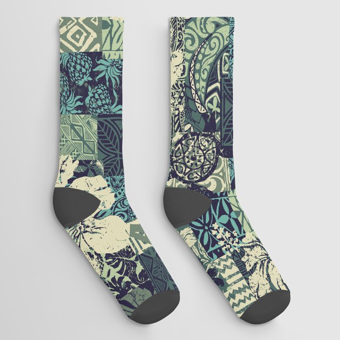 Hawaiian hibiscus and tribal element fabric patchwork abstract vintage vintage seamless pattern  Socks