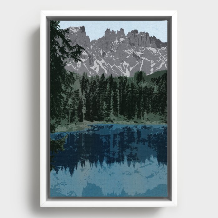 Mountain and Lake Illustration Framed Canvas