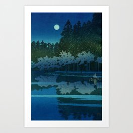Spring Night at Inokashira blue nature Japanese landscape painting with cherry blossoms by Hasui Kawase Art Print