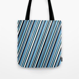 [ Thumbnail: Eyecatching Blue, Sky Blue, Dark Slate Gray, White, and Black Colored Stripes Pattern Tote Bag ]