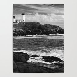 Nubble Light On Maine's Cape Neddick From The Mainland - Black And White Poster