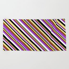 [ Thumbnail: Vibrant Tan, Brown, Dark Orchid, White & Black Colored Lines Pattern Beach Towel ]
