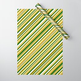 [ Thumbnail: Vibrant Green, Tan, Goldenrod, Dark Green & White Colored Pattern of Stripes Wrapping Paper ]