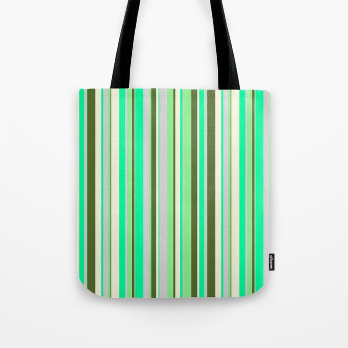 Vibrant Green, Light Grey, Light Green, Dark Olive Green, and Beige Colored Stripes/Lines Pattern Tote Bag