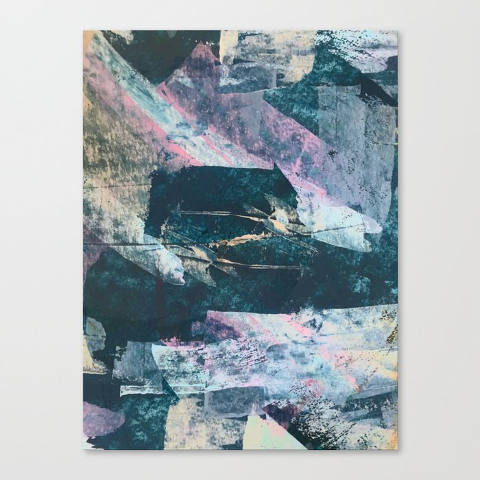 Karma [2]: a vibrant, abstract mixed-media piece in pink, peach, white and teal Canvas Print
