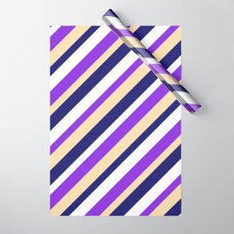 [ Thumbnail: Purple, Tan, Midnight Blue & White Colored Stripes Pattern Wrapping Paper ]