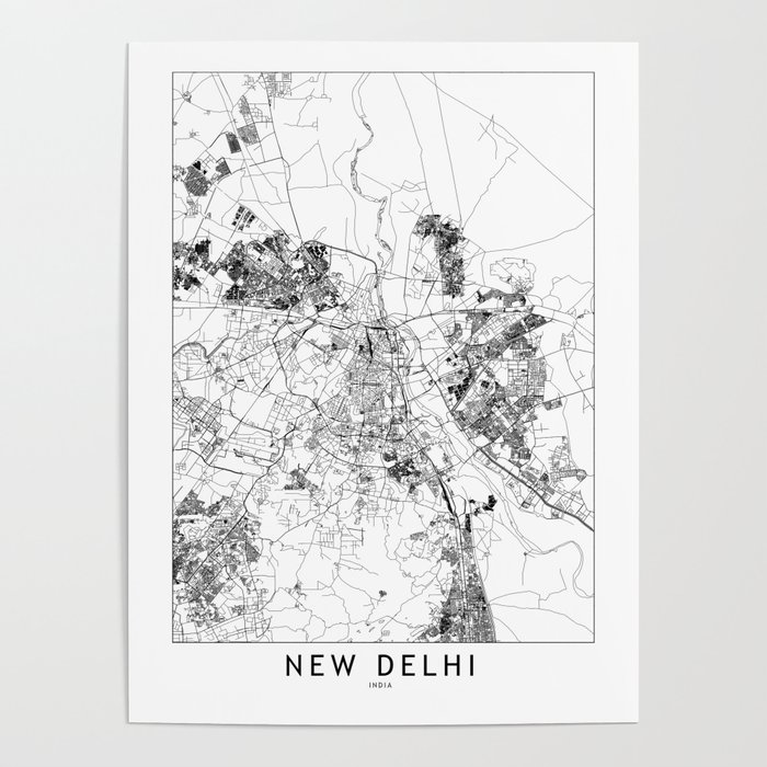 New Delhi White Map Poster