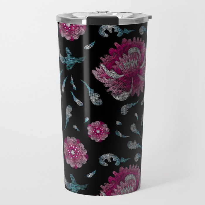 Embroidered Boho Pink Flowers Travel Mug