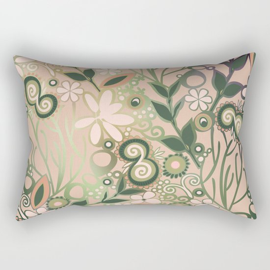 Detailed square of peach and green floral tangle Rectangular Pillow