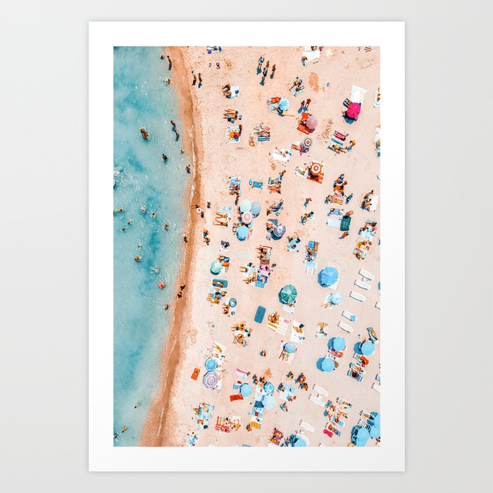 Ocean Print, Pastel Beach, Aerial People on Beach Print, Beach Print, Aerial Beach Wall Art Print, Beach Photography, Summer Vibes, People Beach Umbrellas Art Art Print