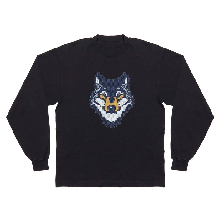 Fair isle knitting grey wolf // navy blue and grey wolves yellow moons and pine trees Long Sleeve T Shirt