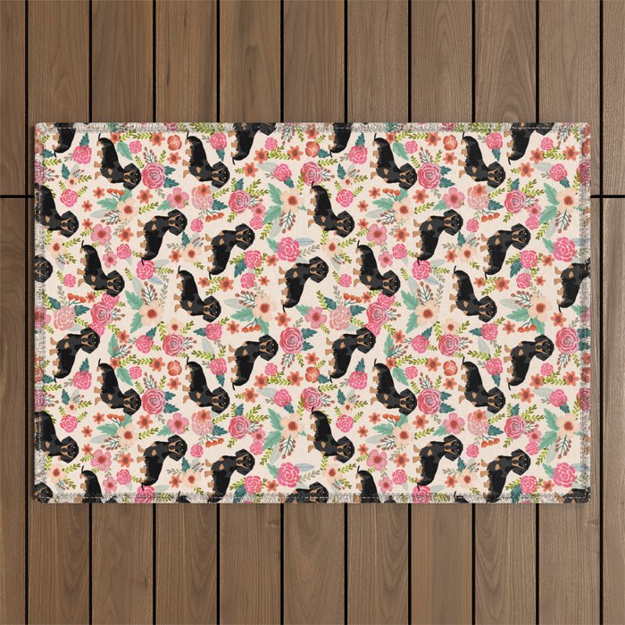 Doxie Florals - vintage doxie and florals gifts for dog lovers, dachshund decor, black and tan doxie Outdoor Rug