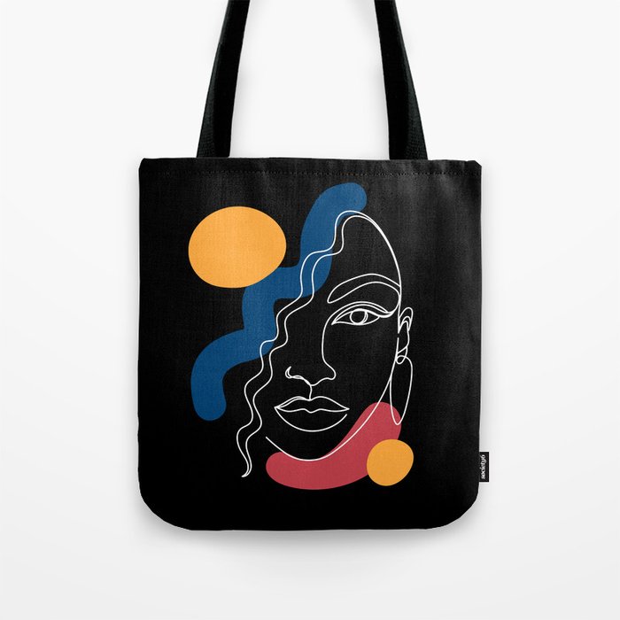 African woman in a line art style with abstract shapes on a black background. Tote Bag