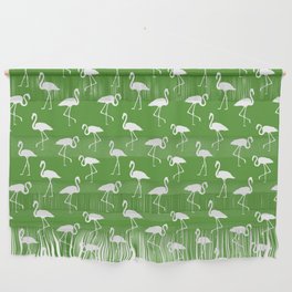 White flamingo silhouettes seamless pattern on green background Wall Hanging