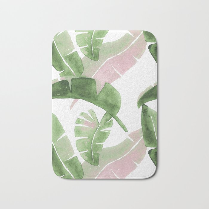 Tropical Leaves Green And Pink Bath Mat