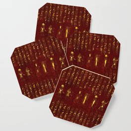 Golden Egyptian Gods and hieroglyphics on red leather Coaster