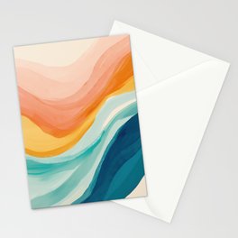 Pink, Yellow, Blue, Watercolor Abstract Sunrise Waves Stationery Card