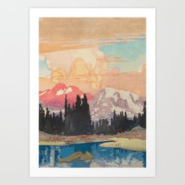 Storms over Keiisino - Winter Mountain & Forest Ukiyoe Nature Landscape in Pink, Blue, and Green Art Print