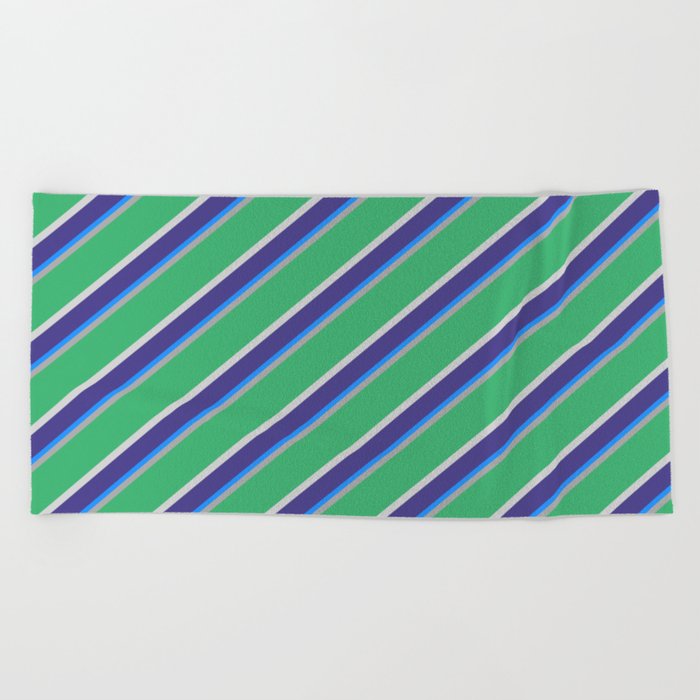 Vibrant Dark Grey, Sea Green, Light Gray, Dark Slate Blue & Blue Colored Lines/Stripes Pattern Beach Towel
