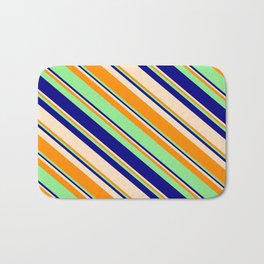 [ Thumbnail: Light Green, Blue, Bisque, and Dark Orange Colored Stripes/Lines Pattern Bath Mat ]