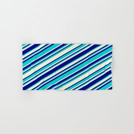 [ Thumbnail: Beige, Blue & Dark Turquoise Colored Striped/Lined Pattern Hand & Bath Towel ]