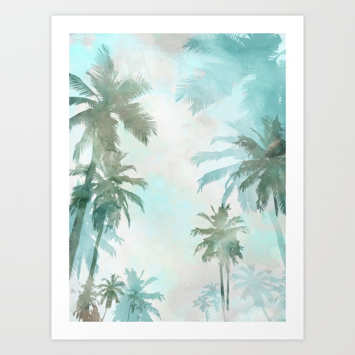 Aqua Blue Watercolor Palm Trees Art Print