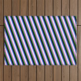 [ Thumbnail: Eye-catching Royal Blue, White, Violet, Forest Green, and Black Colored Pattern of Stripes Outdoor Rug ]