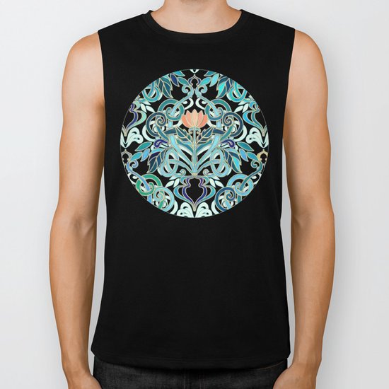 Ocean Aqua Art Nouveau Pattern with Peach Flowers Biker Tank