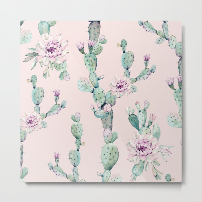Cactus Rose Pattern on Pink Metal Print